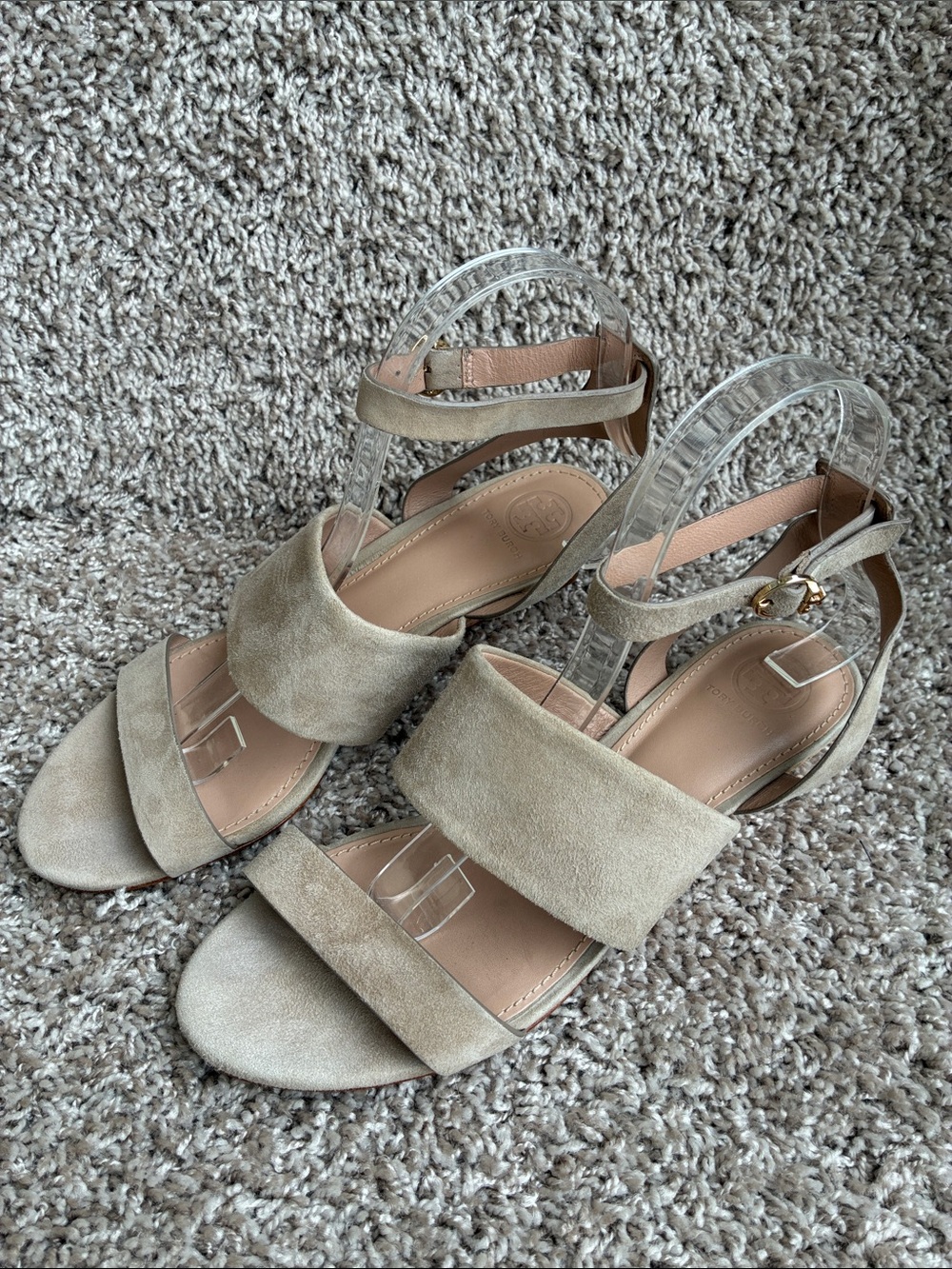 Tory Burch Taupe Suede Two-Strap Wedge Heel Sandals size 7.5